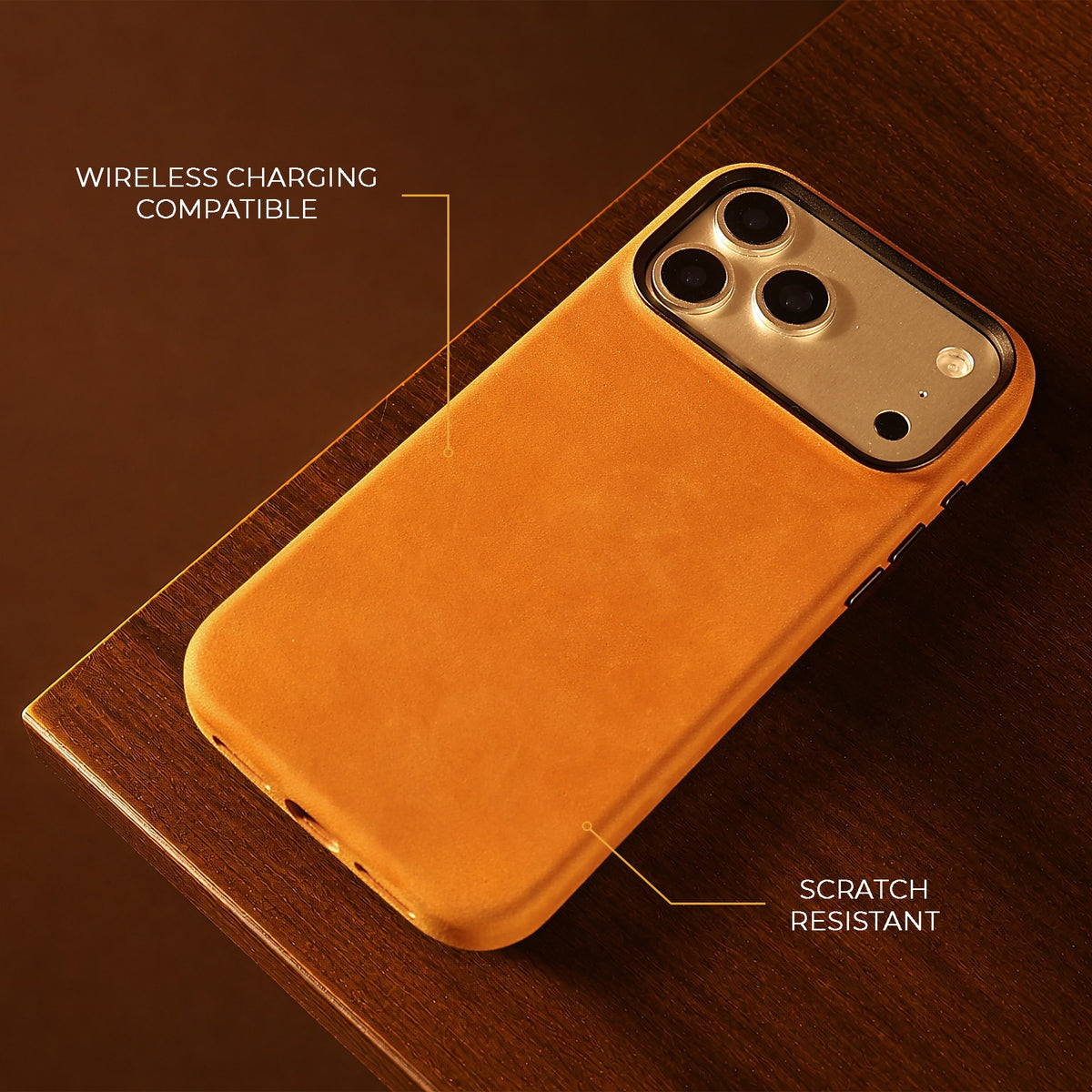 Tan Crazy Horse full leather cover for iPhone 17 Pro Max, 17 Pro, 18 Pro Max and 18 Pro, on a wooden table