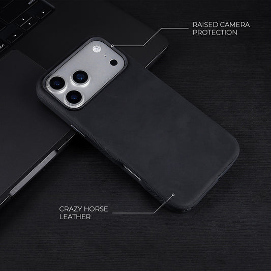 Black Crazy Horse hybrid leather cover for iPhone 17 Pro Max, 17 Pro, 18 Pro Max and 18 Pro, on a dark desk