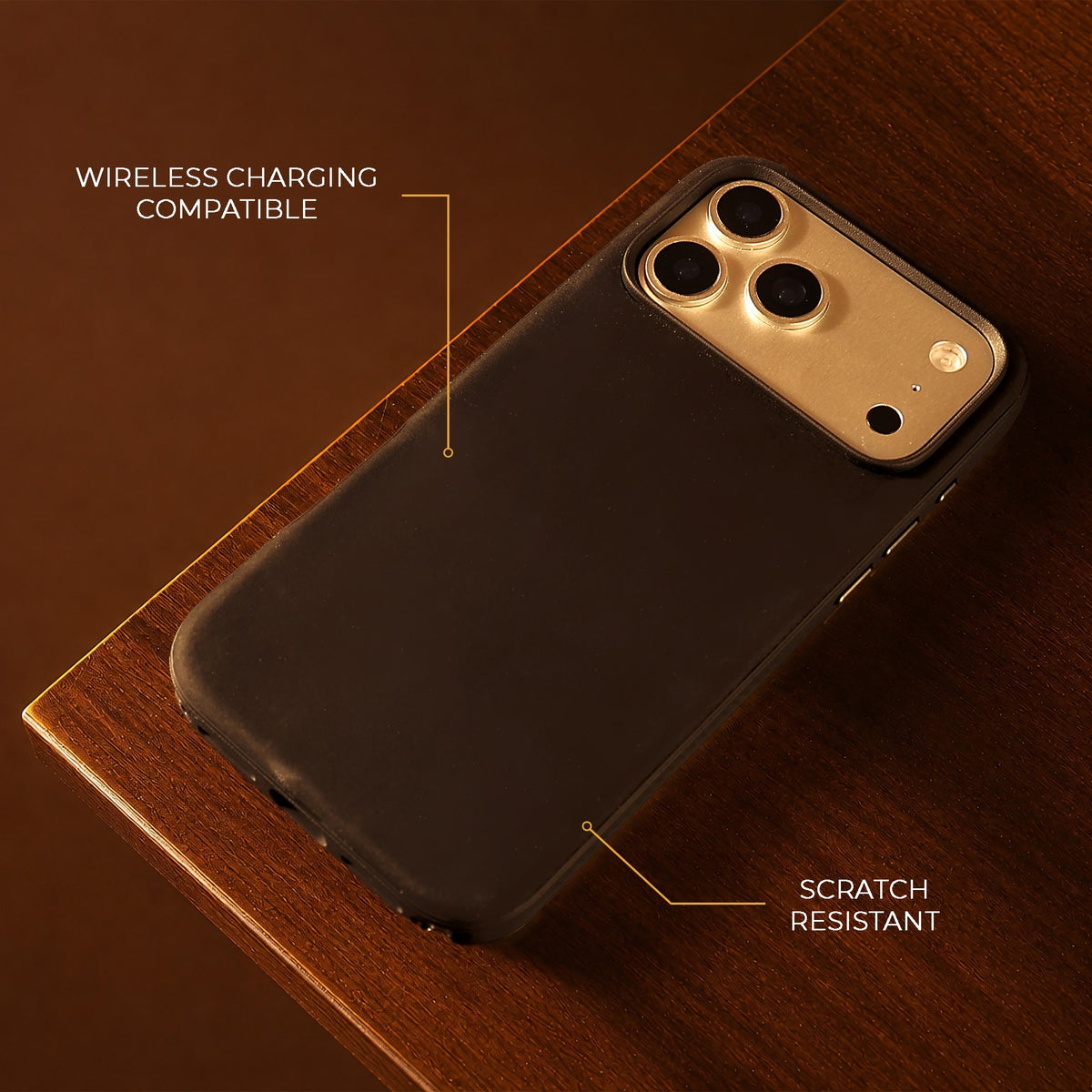 Black Crazy Horse hybrid leather cover for iPhone 17 Pro Max, 17 Pro, 18 Pro Max and 18 Pro, on a wooden table