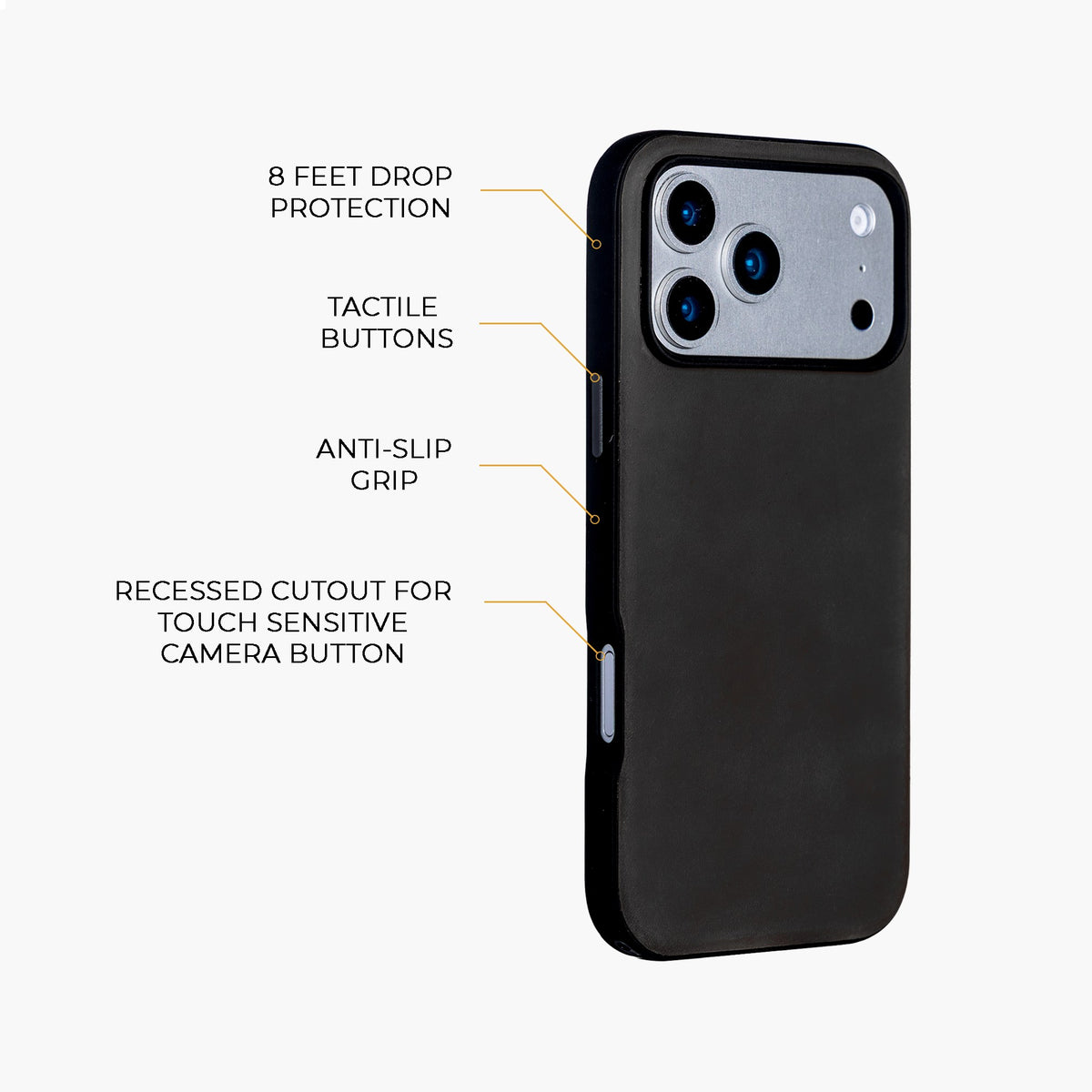 Black Crazy Horse hybrid leather cover for iPhone 17 Pro Max, 17 Pro, 18 Pro Max and 18 Pro, detail view