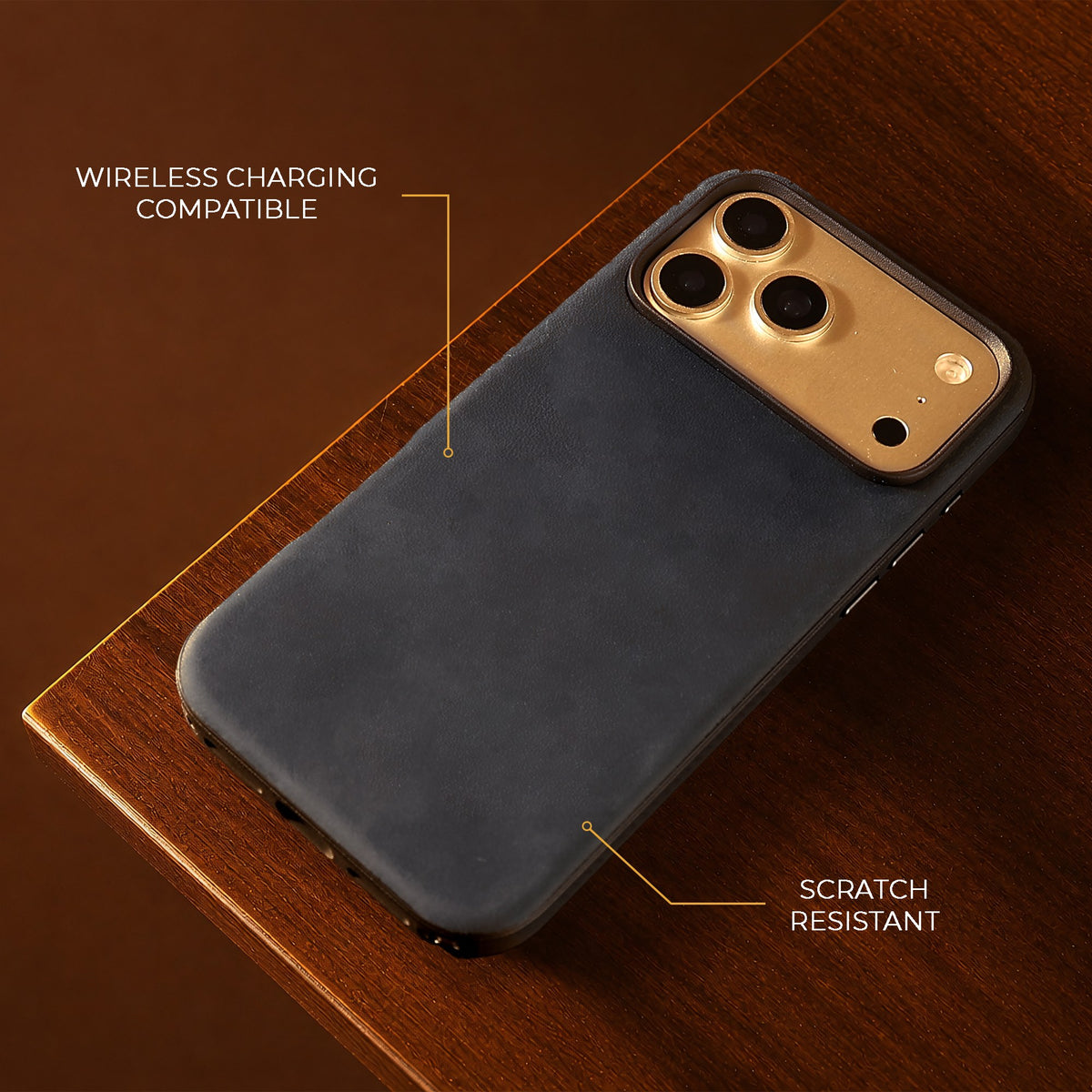 Navy Crazy Horse hybrid leather cover for iPhone 17 Pro Max, 17 Pro, 18 Pro Max and 18 Pro, on a wooden table