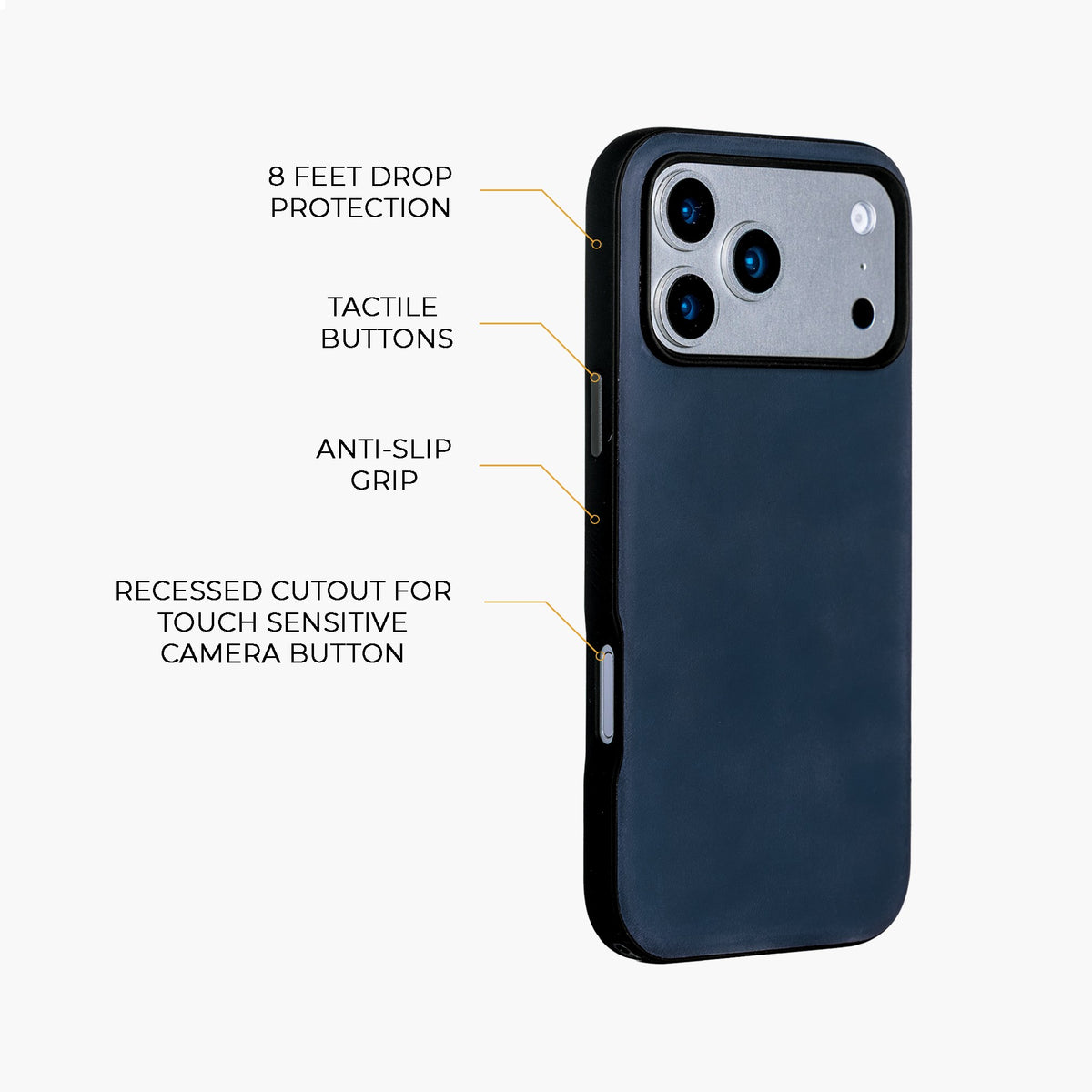 Navy Crazy Horse hybrid leather cover for iPhone 17 Pro Max, 17 Pro, 18 Pro Max and 18 Pro, detail view