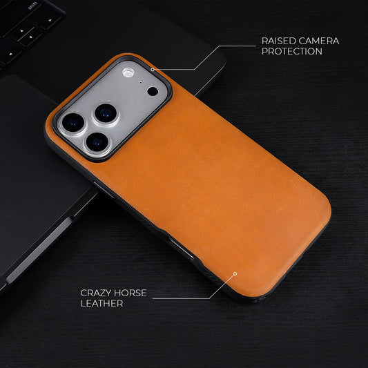 Tan Crazy Horse hybrid leather cover for iPhone 17 Pro Max, 17 Pro, 18 Pro Max and 18 Pro, on a dark desk