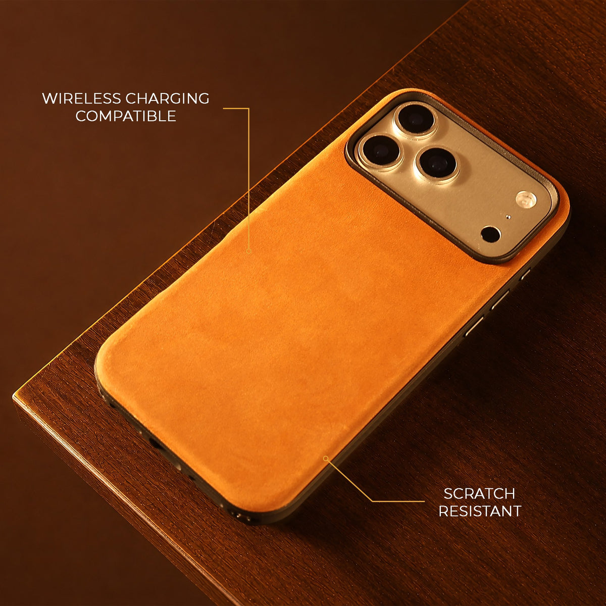 Tan Crazy Horse hybrid leather cover for iPhone 17 Pro Max, 17 Pro, 18 Pro Max and 18 Pro, on a wooden table
