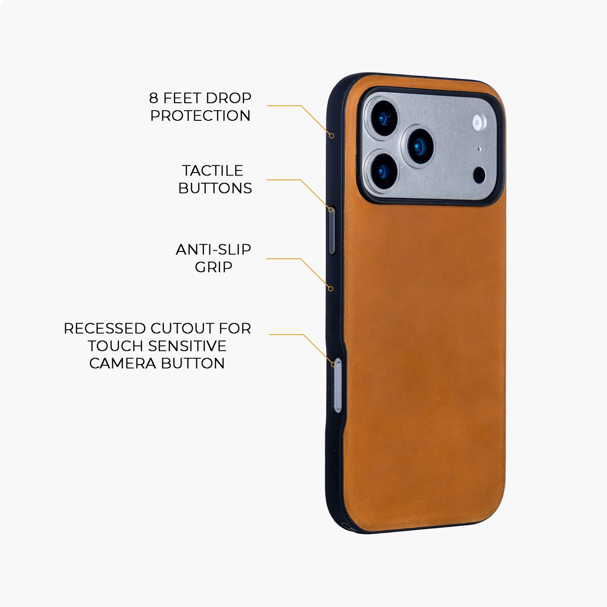 Tan Crazy Horse hybrid leather cover for iPhone 17 Pro Max, 17 Pro, 18 Pro Max and 18 Pro, detail view