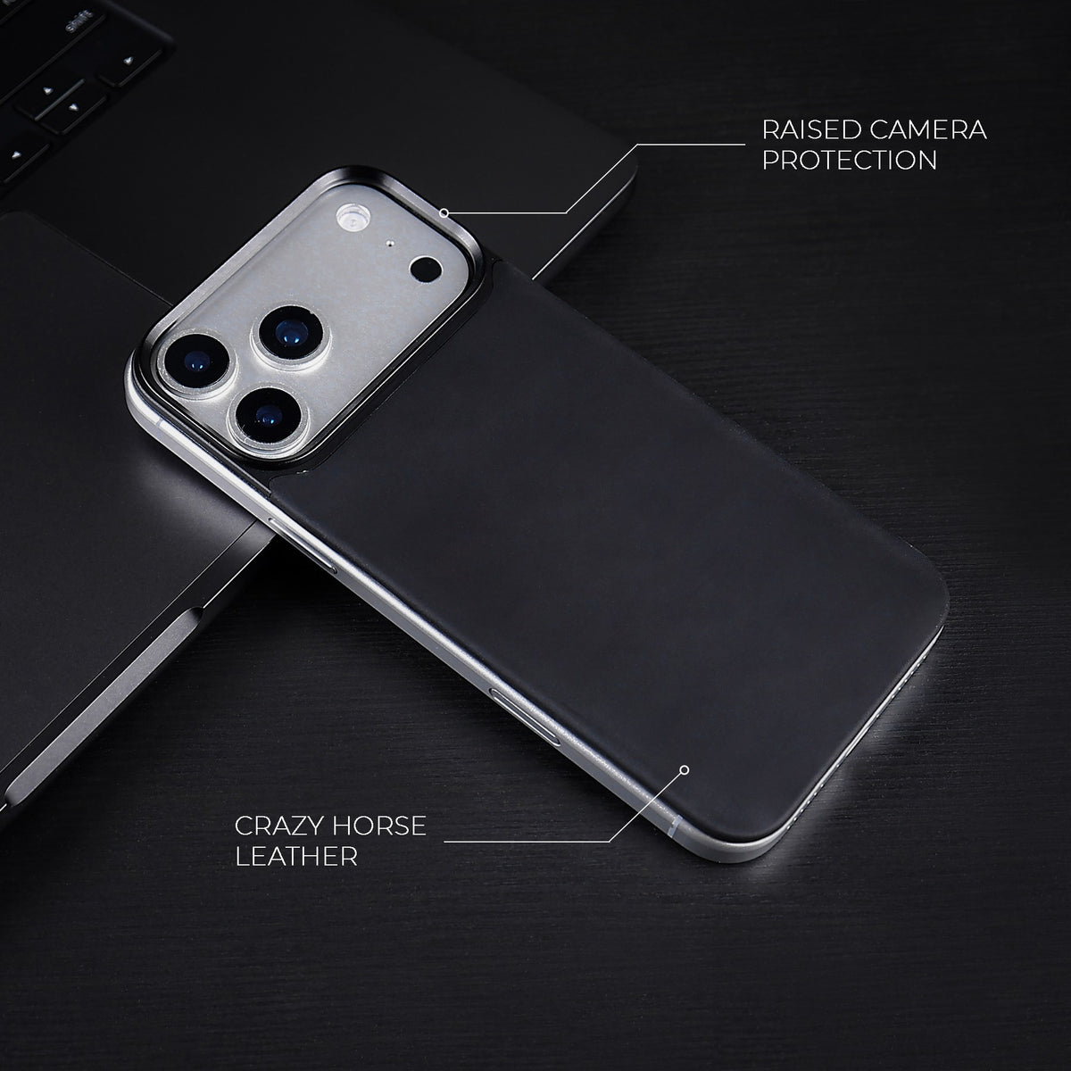 Black Crazy Horse magnetic leather back for iPhone 17 Pro Max, 17 Pro, 18 Pro Max and 18 Pro, on a dark desk