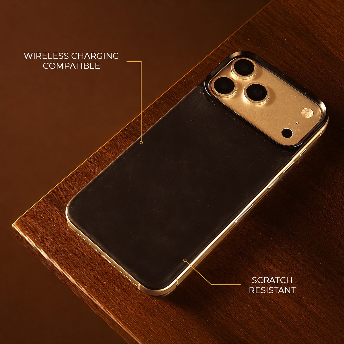Black Crazy Horse magnetic leather back for iPhone 17 Pro Max, 17 Pro, 18 Pro Max and 18 Pro, on a wooden table
