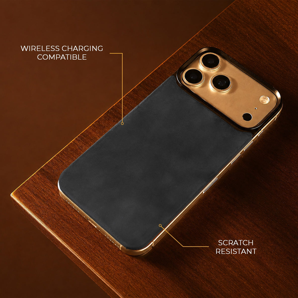 Navy Crazy Horse magnetic leather back for iPhone 17 Pro Max, 17 Pro, 18 Pro Max and 18 Pro, on a wooden table