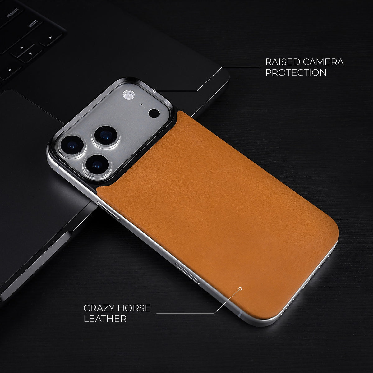 Tan Crazy Horse magnetic leather back for iPhone 17 Pro Max, 17 Pro, 18 Pro Max and 18 Pro, on a dark desk