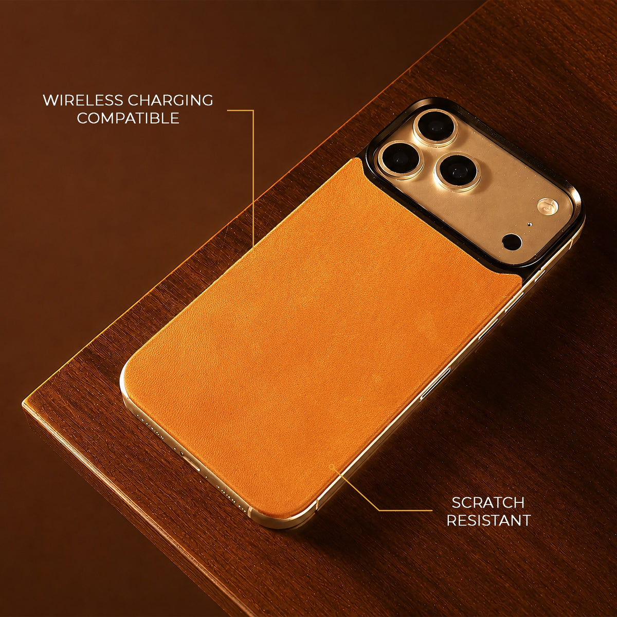 Tan Crazy Horse magnetic leather back for iPhone 17 Pro Max, 17 Pro, 18 Pro Max and 18 Pro, on a wooden table