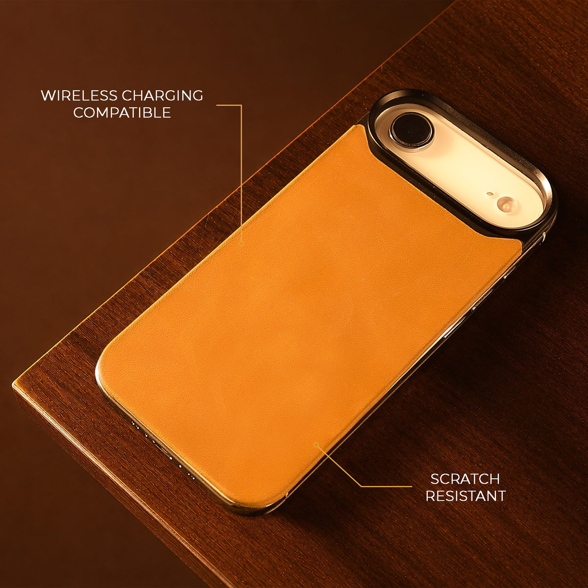Tan Crazy Horse magnetic leather back for iPhone Air, on a wooden table