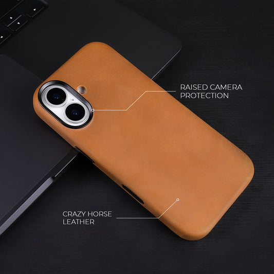 Tan Crazy Horse full leather cover for iPhone 17 and 16, on a dark desk
