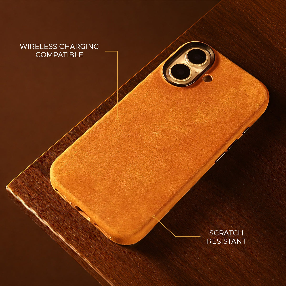 Tan Crazy Horse full leather cover for iPhone 17 and 16, on a wooden table