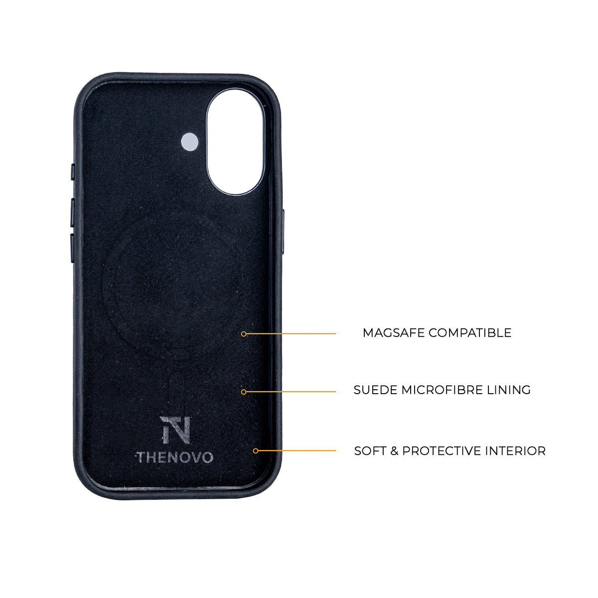 Inside of the THENOVO full leather cover for iPhone 17 and 16, suede microfibre lining