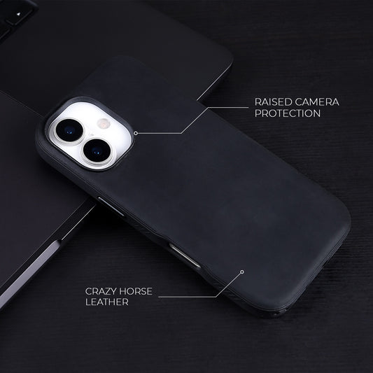 Black Crazy Horse hybrid leather cover for iPhone 17 and 16, on a dark desk