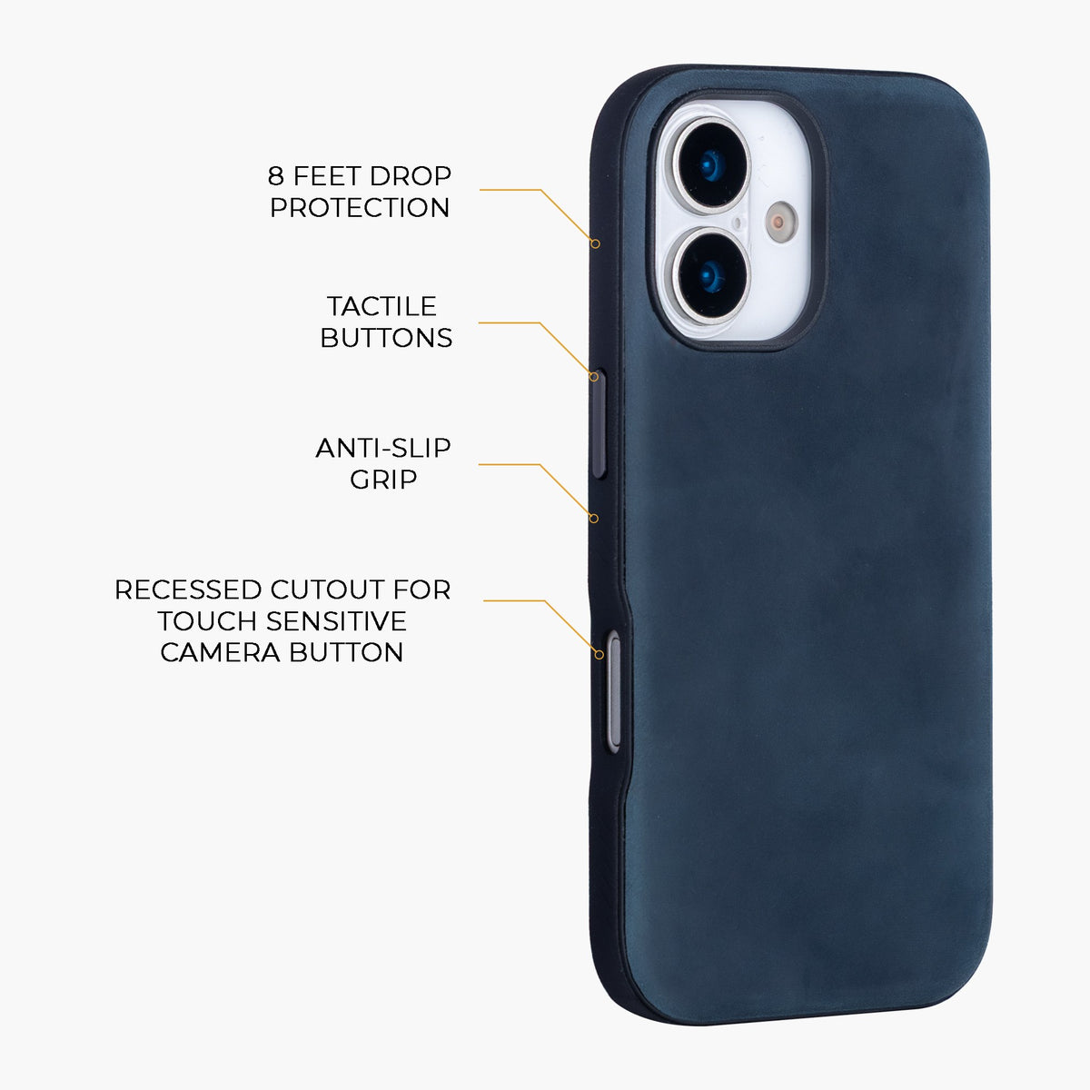 Navy Crazy Horse hybrid leather cover for iPhone 17 and 16, detail view