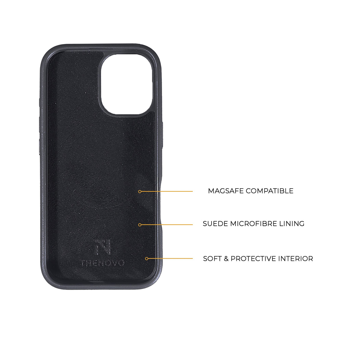 Inside of the THENOVO hybrid leather cover for iPhone 17 and 16, suede microfibre lining